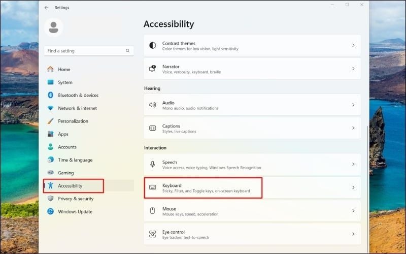 Chọn Keyboard và&nbsp;tắt các tùy chọn Sticky Keys, Toggle Keys, Filter Keys