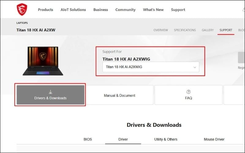 Tại mục Drivers & Downloads, tìm và tải về driver phù hợp