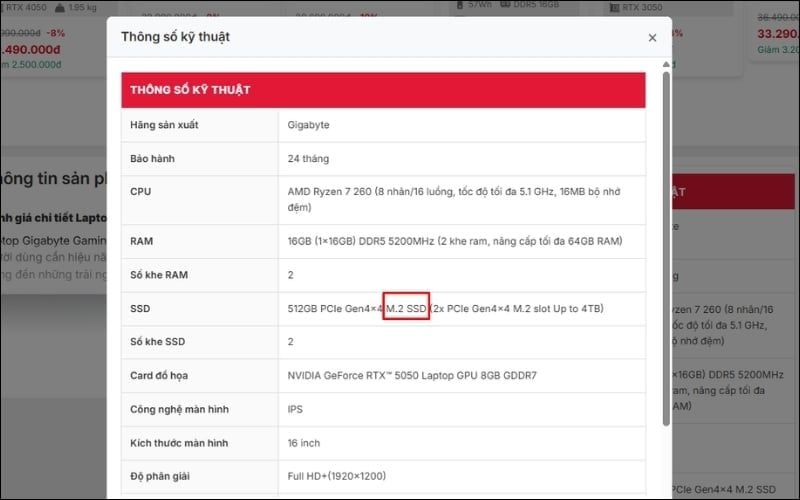 Kiểm tra chuẩn SSD của laptop tại website của GearVN