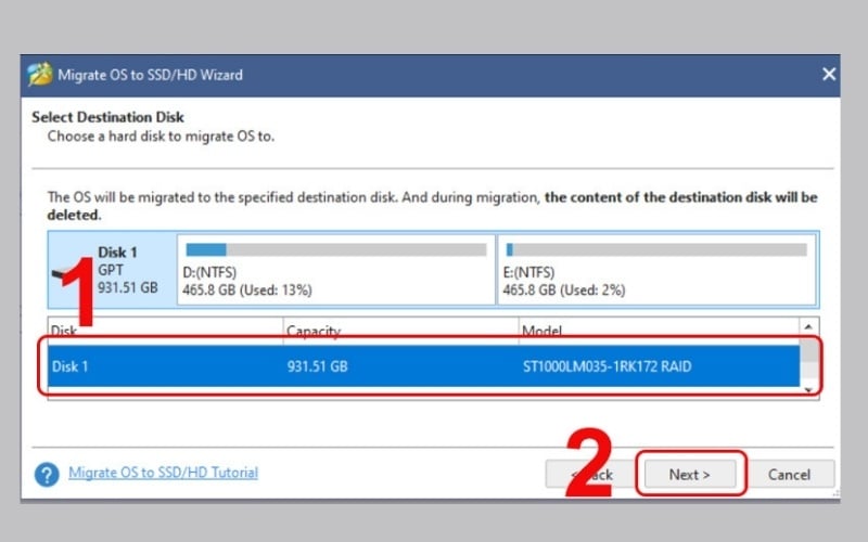 Chọn ổ SSD mới&nbsp;và nhấn Next