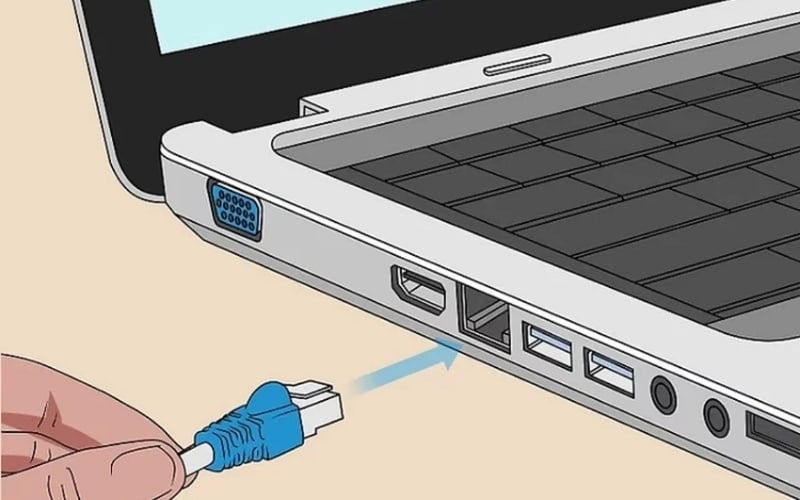 Cắm một đầu cáp vào cổng Ethernet trên laptop và đầu còn lại vào router hoặc modem