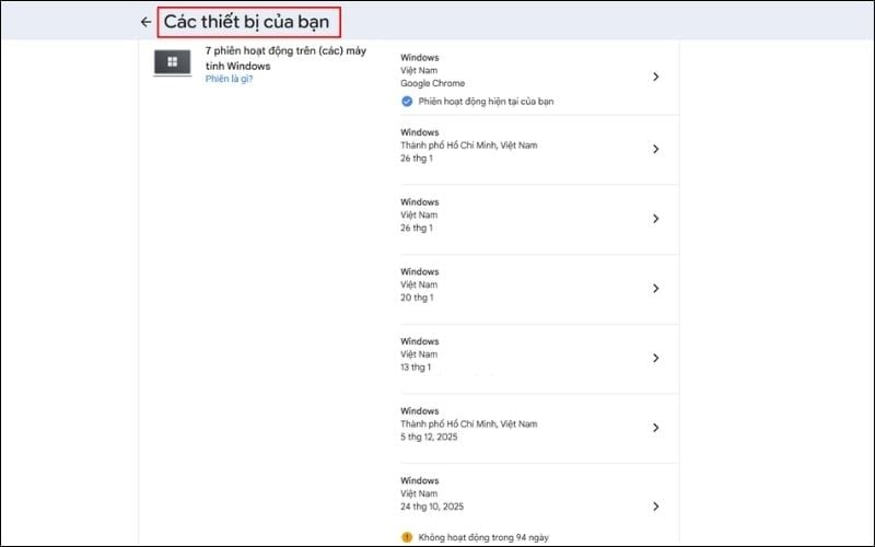 Kiểm&nbsp;tra danh sách thiết bị đang đăng nhập tại mục&nbsp;Các thiết bị của bạn