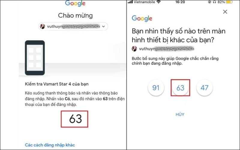 Chọn số bạn nhìn thấy trên màn hình để xác nhận đăng nhập
