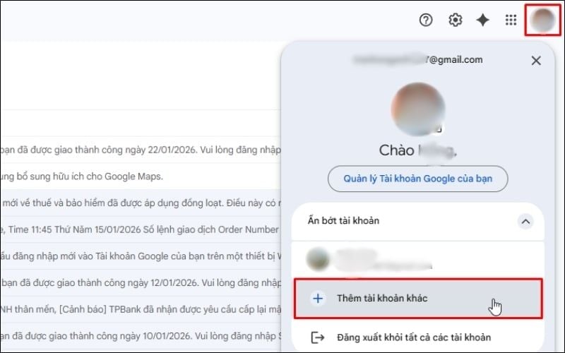 Nhấn vào Avatar và chọn&nbsp;Thêm một tài khoản khác