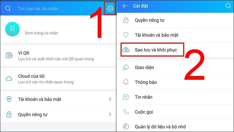 Kiểm tra phần sao lưu hoặc đồng bộ trong ứng dụng Zalo trên điện thoại