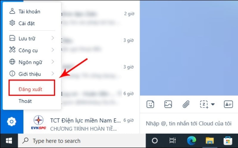Chọn cài đặt và nhấn Đăng xuất