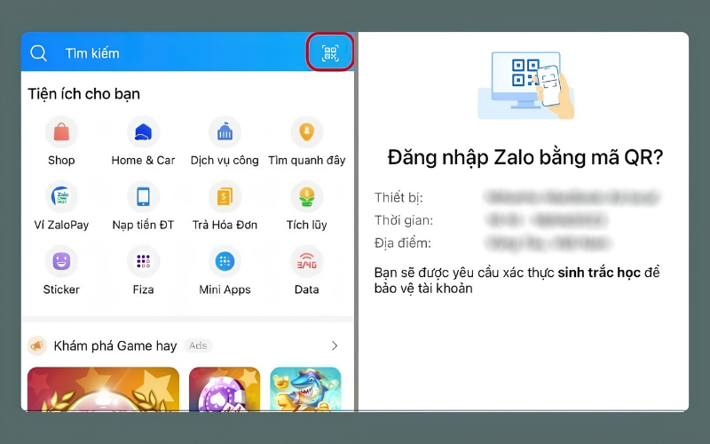 Chọn tính năng quét mã QR trong ứng dụng và quét mã trên màn hình laptop