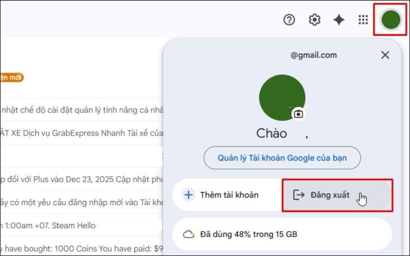 Click vào ảnh đại diện và chọn Đăng xuất