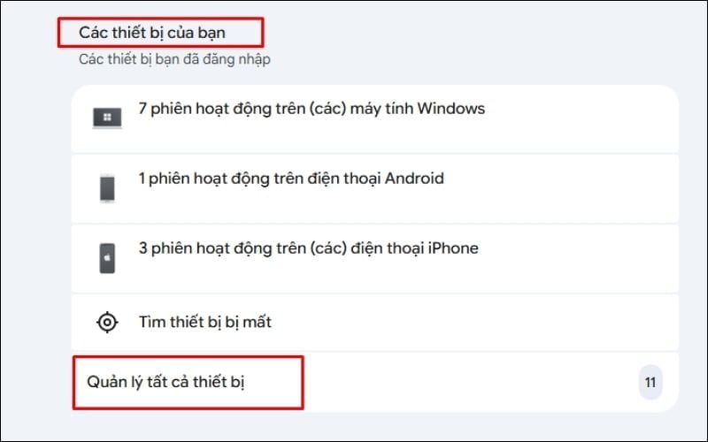 Tại mục&nbsp;Các thiết bị của bạn, chọn&nbsp;Quản lý tất cả thiết bị