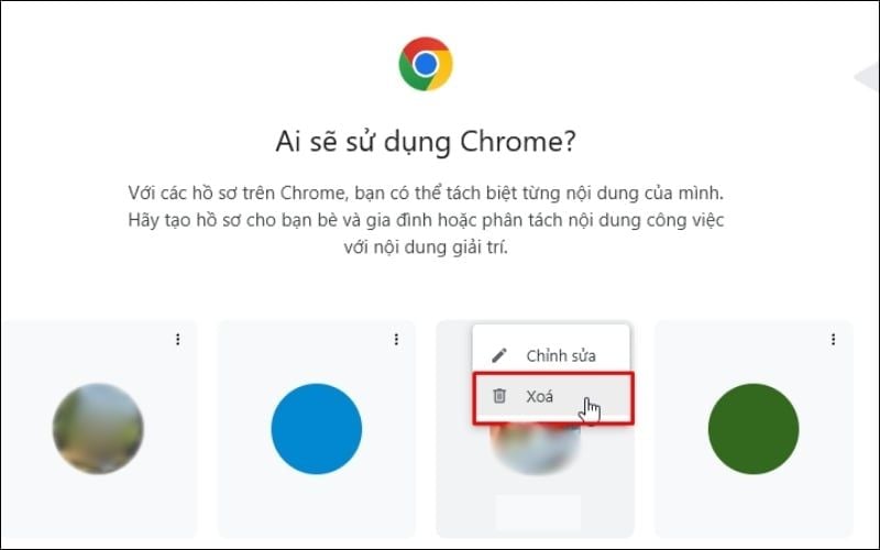 Chọn Xóa để gỡ hồ sơ người dùng trên Google Chrome