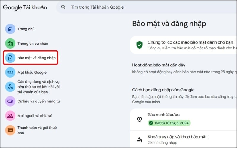 Chọn tab Bảo mật và Đăng nhập