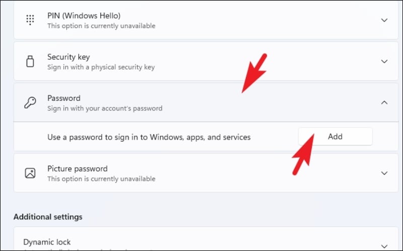 Tìm đến phần Password và nhấn nút Add
