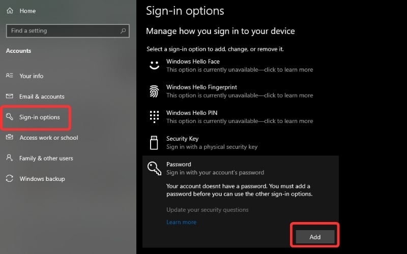 Tại mục Password, bạn nhấn vào nút Add để bắt đầu tạo mật khẩu cho máy tính