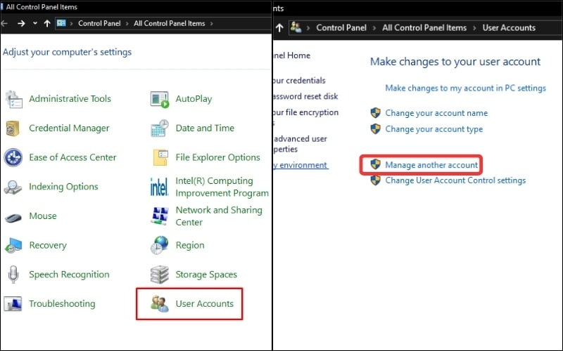 Chọn User Accounts, sau đó nhấn vào Manage another account