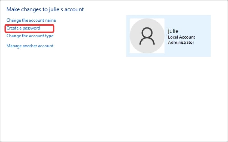 Chọn tài khoản người dùng muốn đặt mật khẩu và nhấn Create a password