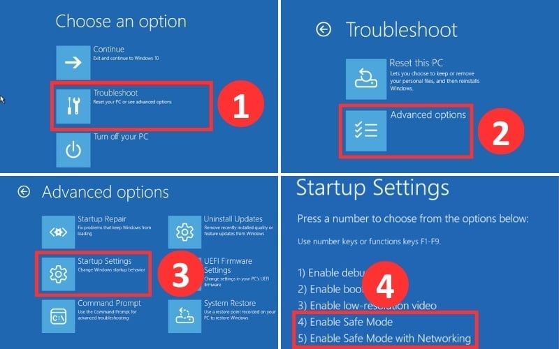 Nhấn phím 4 hoặc 5 để vào&nbsp;chế độ Safe Mode trong Troubleshoot