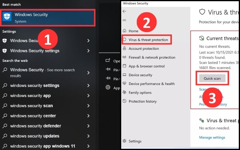 Các bước quét virus cơ bản bằng&nbsp;Virus & threat protection trong&nbsp;Windows Security