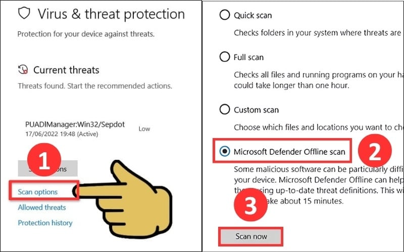 Chọn chế&nbsp;độ Microsoft Defender Offline scan trong Windows Security