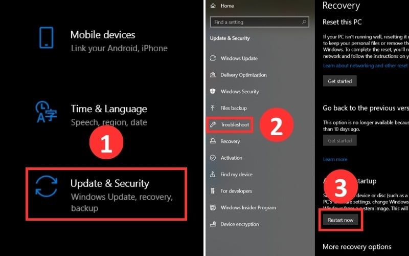 Khởi động lại laptop Acer bằng cách chọn Restart now trong mục Advanced Startup