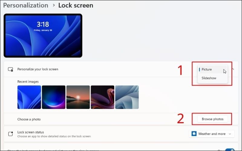Chọn Picture hoặc Slideshow rồi nhấn Browse photos