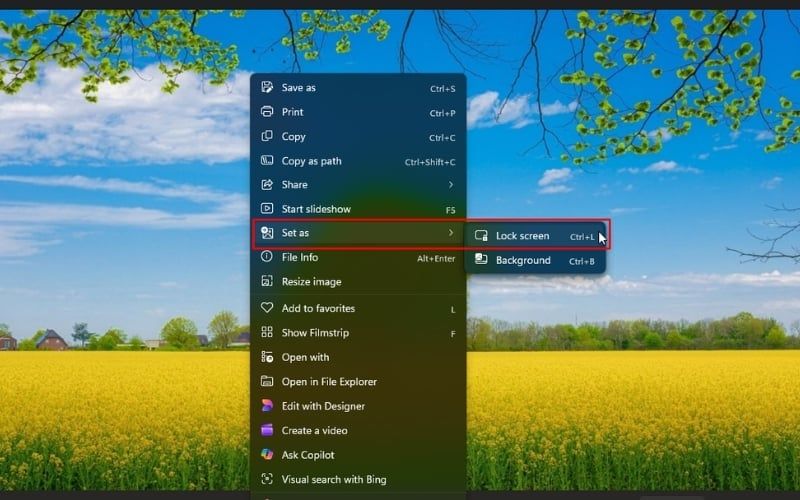 Chuột phải vào ảnh, chọn Set as và chọn Lock screen