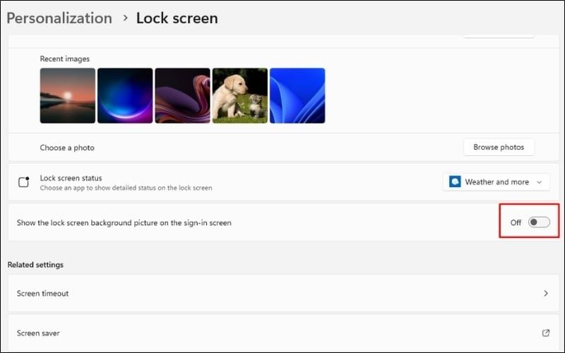 Gạt nút Show the lock screen background picture on the sign-in screen sang Off