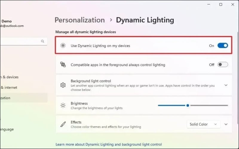 Tùy chỉnh trong Dynamic Lighting
