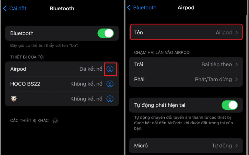 Trong mục Bluetooth, chọn biểu tượng chữ i, chọn mục Tên và nhập tên mới