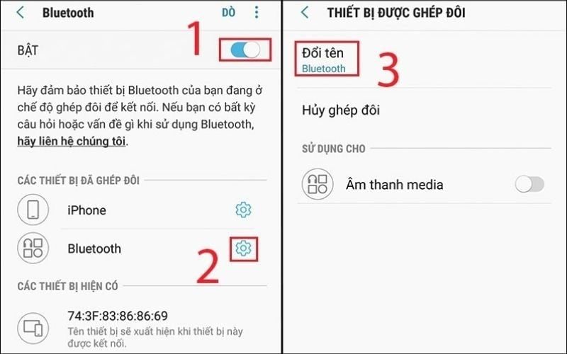 Bật Bluetooth, chọn biểu tượng răng cưa rồi chọn lệnh đổi tên