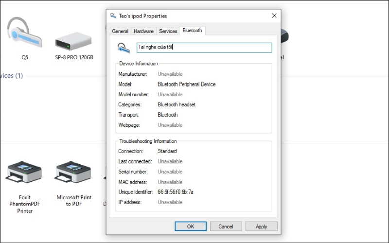 Chọn tab Bluetooth, nhập tên mới và chọn OK để lưu thao tác
