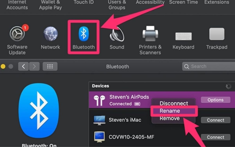 Mở mục Bluetooth, chuột phải vào tên tai nghe và chọn Rename