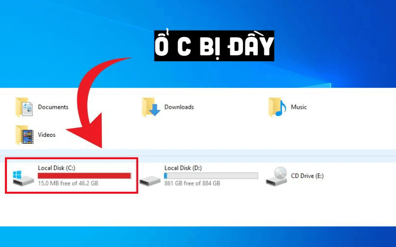 Ổ đĩa hệ thống hiển thị màu đỏ báo hiệu sắp hết dung lượng