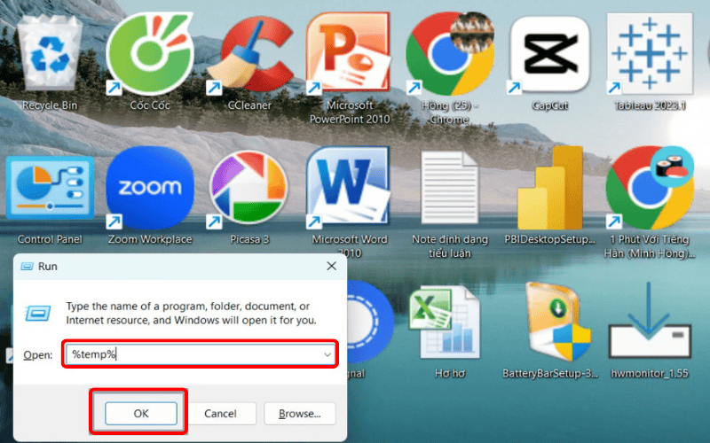 Nhập lệnh %temp% và nhấn Enter