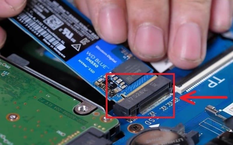 Đưa phần chân tiếp xúc của SSD vào khe cắm theo góc nghiêng và nhấn nhẹ tay
