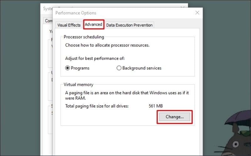 Nhấp vào nút&nbsp;Change...&nbsp;trong mục Virtual memory
