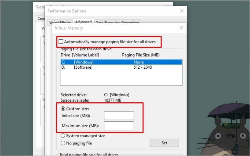 Chọn&nbsp;Custom size&nbsp;để tự thiết lập dung lượng