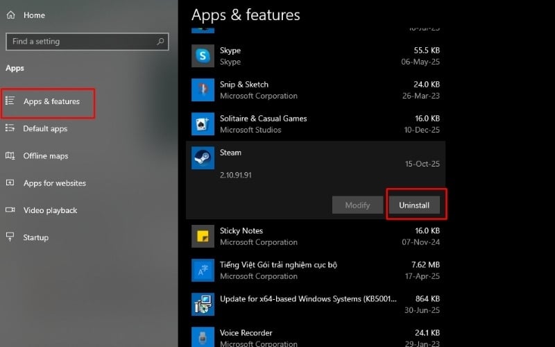 Chọn ứng dụng không cần thiết và nhấn&nbsp;Uninstall