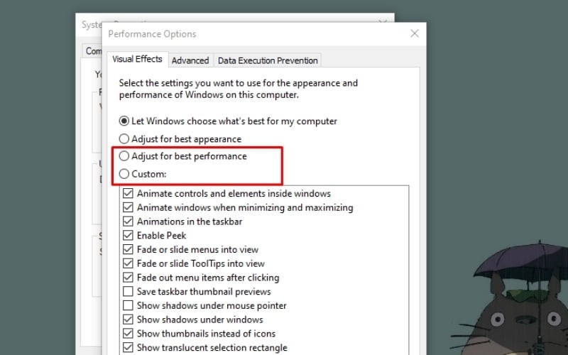 Chọn tùy chọn&nbsp;Adjust for best performance hoặc Custom
