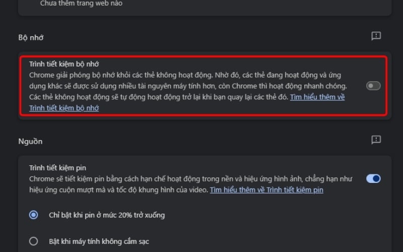 Tại đây, hãy gạt thanh bật Trình tiết kiệm bộ nhớ