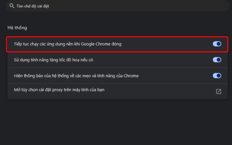 Chọn Tiếp tục chạy các ứng dụng nền khi Google Chrome đóng