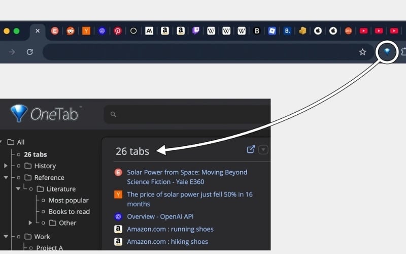 OneTab giúp gom tất cả các tab đang mở về một danh sách duy nhất