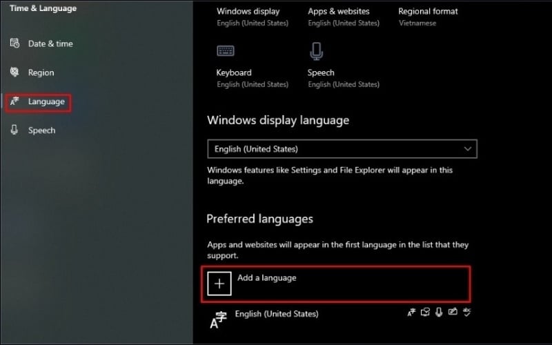 Đảm bảo ngôn ngữ bàn phím đang được chọn là English (United States)