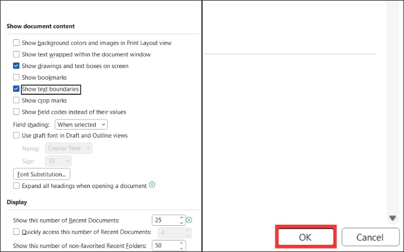 Bật khung text boundaries trên Word 2007–2019–2021–Microsoft 365