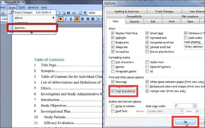 Hiện khung text boundaries trên Word 2003