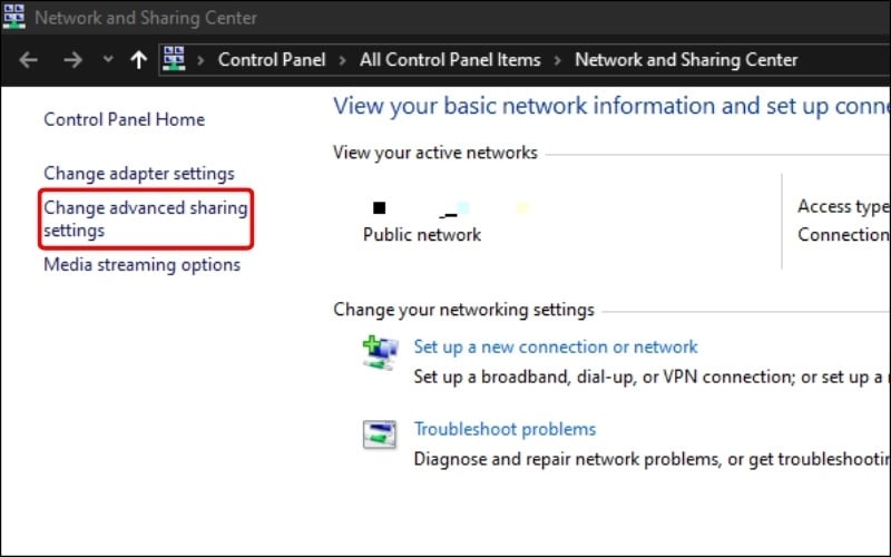 Chọn Change advanced sharing settings&nbsp;ở menu bên trái