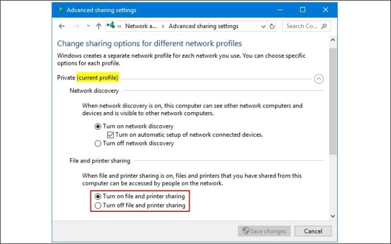 Tại cửa sổ Advanced Sharing Settings, bật Turn on file and printer sharing