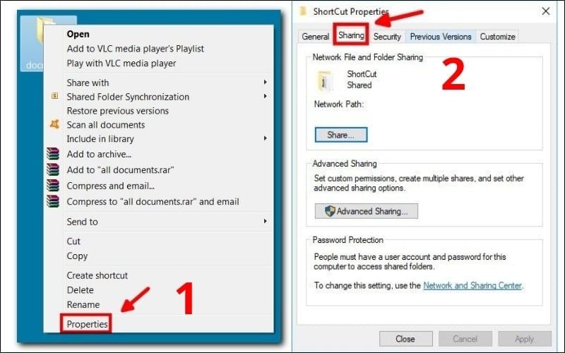 Chọn&nbsp;Properties, vào tab Sharing và chọn&nbsp;Share...
