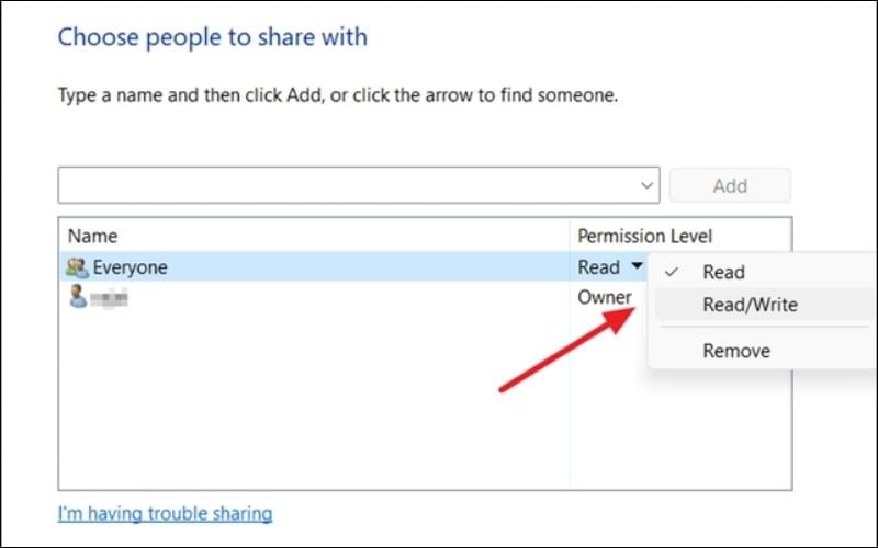 Chọn&nbsp;Read/Write nếu bạn muốn&nbsp;máy kia có thể copy dữ liệu vào hoặc xóa file