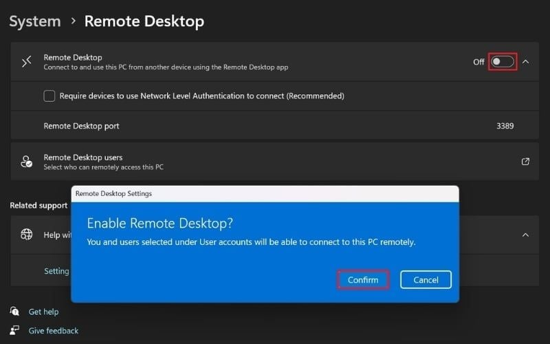 Chọn Confirm để bật chế độ&nbsp;Remote Desktop trên máy bị điều khiển