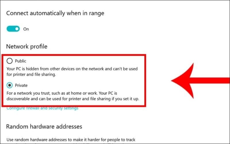 Thiết lập Network Profile ở chế độ Private để các thiết bị tìm thấy nhau